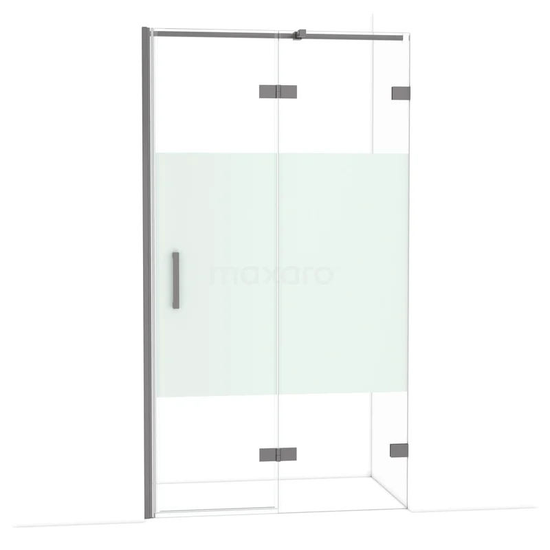 Diamond Douchedeur | 110 cm Zwart metaal Helder met matte strook Draaideur DDB22652323ZM Glazen douchedeur met mat witte strook, draaideur, zilverkleurig frame en modern design, perfect voor elegante badkamers.