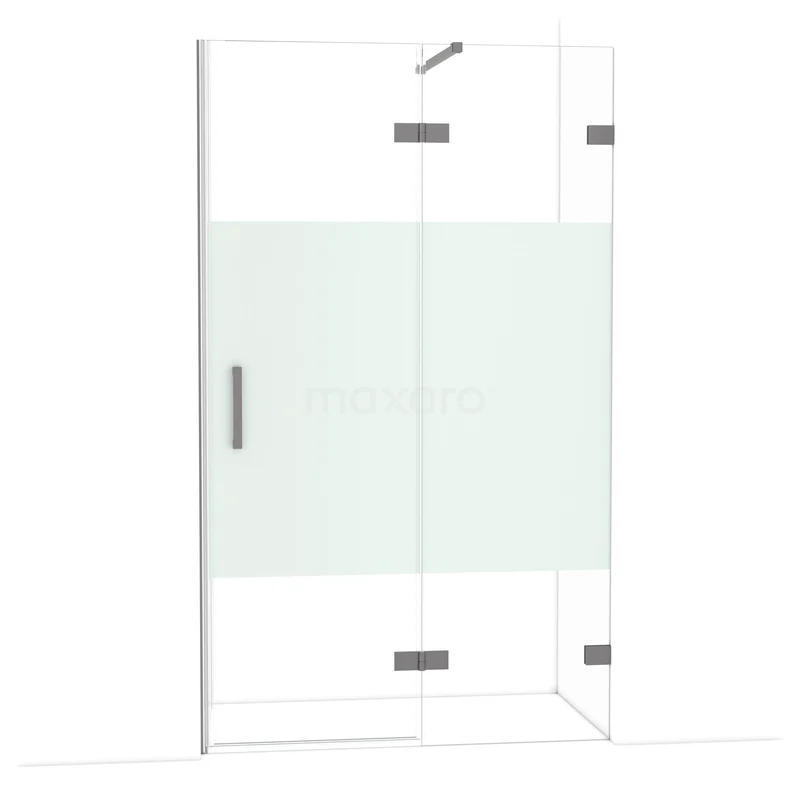 Diamond Douchedeur | 120 cm Zwart metaal Helder met matte strook Draaideur DDB22661123ZM Glazen hoekdouche met matwit paneel, roestvrijstalen scharnieren en heldere lijnen, perfect voor een moderne badkamer.