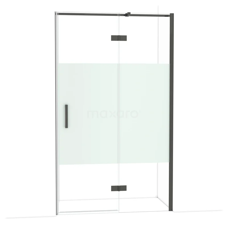 Diamond Douchedeur | 120 cm Zwart chroom Helder met matte strook Draaideur DDB22661313BCN Douchedeur met matglazen strook, zwart frame en scharnieren, modern design, ideaal voor een stijlvolle badkamer.