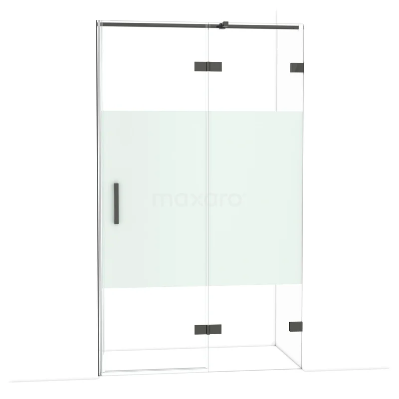 Diamond Shower door | 120 cm Black chrome Clear with matt strip Pivot door DDB22661323BC Glazen douchedeur met mat wit paneel, zwarte scharnieren en handgreep, strak design voor een moderne badkamer.