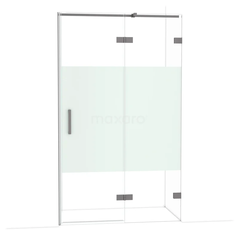 Diamond Douchedeur | 120 cm Zwart metaal Helder met matte strook Draaideur DDB22661323ZM Glazen douchewand met mat wit middenstuk, chromen profiel en draaideur, ideaal voor een moderne badkamer.