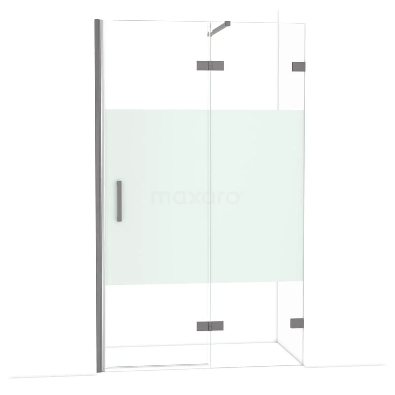 Douchewand met helder glas, mat witte band en chromen scharnieren, ideaal voor een moderne badkamer.