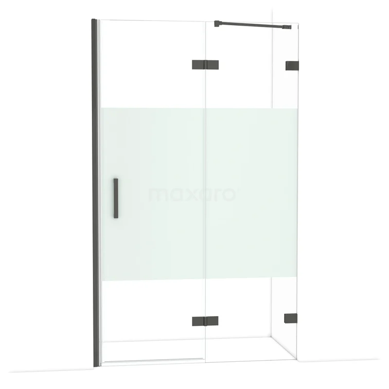 Diamond Douchedeur | 120 cm Zwart chroom Helder met matte strook Draaideur DDB22662223BC Glazen douchewand met mat wit middenpaneel, zwarte profielen, modern design, perfect voor stijlvolle badkamerinrichtingen.