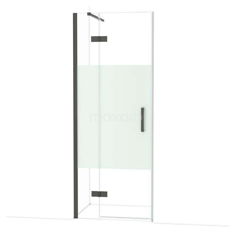 Diamond Douchedeur | 80 cm Zwart chroom Helder met matte strook Draaideur DDB21351113BCN Glazen douchedeur met zwart metalen frame en handgreep, geschikt voor moderne badkamers, uit de strakke designserie.