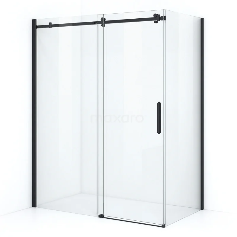 Duschkabine Crystal Allure 150x90cm aus klarem Sicherheitsglas mit Schiebetür Vierkant-Rollensystem Matt Schwarz L5120-1509M Glasene Duschkabine mit Schwarz Aluminiumrahmen, Schiebetüren und modernem Design, ideal für eine moderne Badezimmergestaltung.