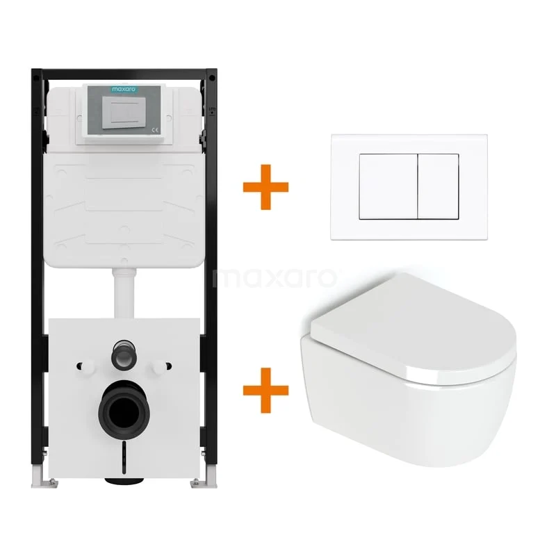 Toiletset Hoogglans wit zonder Spoelrand + Maxaro Flush Slim Pro inbouwreservoir met geluidsisolatie TOI2525