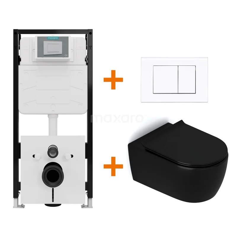 WC-Set Matt Schwarz ohne Rand + Maxaro Flush Slim Pro Unterputzspülkasten mit Schalldämmung TOI2540 Schwarz Wand-WC mit Bedienfeld und Unterputzspülkasten, modernes Design für ein stilvolles Badezimmer.