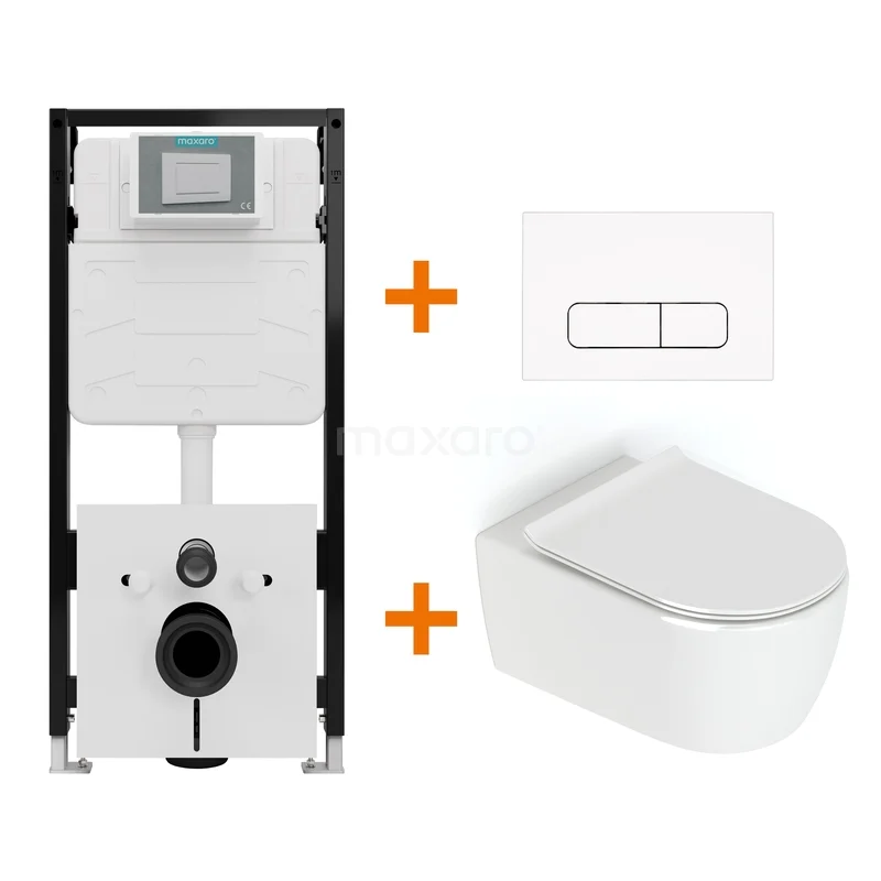 Toilet set High-gloss white without rim + Maxaro Flush Slim Pro concealed cistern with sound insulation TOI2557 Built-in toilet set with white ceramic wall-hung toilet, soft-close seat and plastic control plate. Perfect for any modern bathroom.
