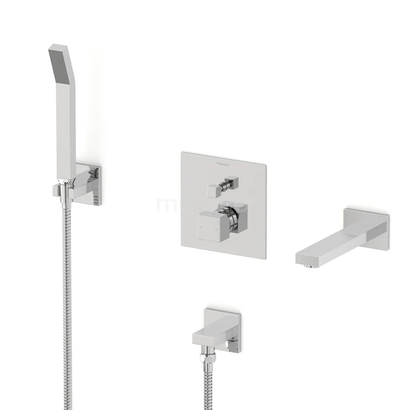 Cubic Einbau Badewannenarmaturen Set | Chrom Einhebel Mischbatterie mit Handbrause 1 Funktion CIC23-00030 Vierteilige chromatische Einbau-Duscharmatur Set, modernes Design mit quadratischen Formen, ideal für einen klaren Badezimmerstil.