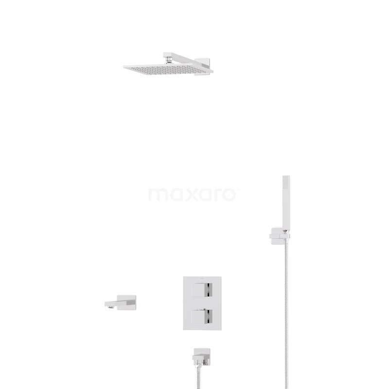 Kubische Einbau Badewannenarmatur mit Regendusche | Chrom Thermostatisch DIC23-00088 Minimalistisches chromatisches Duschesystem mit flacher Regendusche, eingebauter Thermostatarmatur und Handbrause für moderne Bäder.