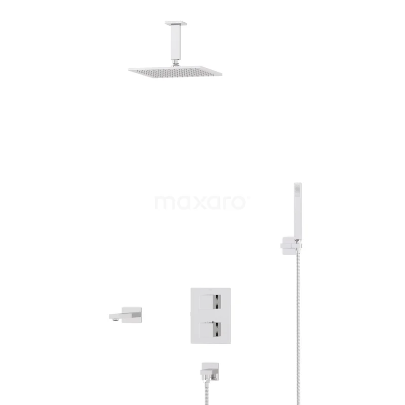 Kubische Einbau Badewannenarmatur mit Regendusche | Chrom Thermostatisch DIC23-00097 Inbouw Duschset mit quadratischer Regendusche, Handbrause, Chrom-Ausstattung und modernem Einbaupaneel für ein stilvolles Badezimmer.