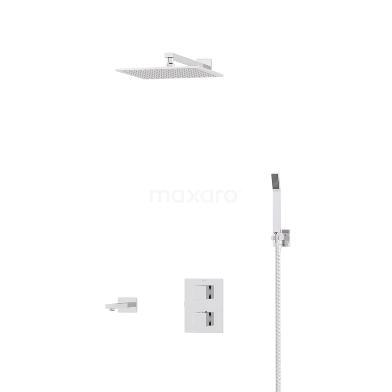 Kubische Einbau Badewannenarmatur mit Regendusche | Chrom Thermostatisch DIC23-00133 Inbouw Badezimmer set mit quadratischer Regendusche, verchromter Oberfläche, Handbrause und integrierter Thermostatarmatur.