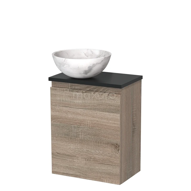 Toiletmeubel met waskom | 41 cm Eiken Greeploos front Wit marmer Natuursteen waskom Mat zwart blad TMK10-14178 Toiletmeubel met waskom | 41 cm Eiken Greeploos front Wit marmer Natuursteen waskom Mat zwart blad TMK10-14178