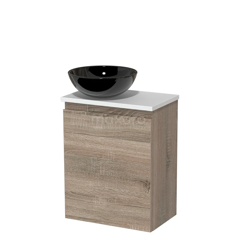 Toiletmeubel met waskom | 41 cm Eiken Greeploos front Hoogglans zwart Keramiek waskom Mat wit blad TMK10-14226 Toiletmeubel met waskom | 41 cm Eiken Greeploos front Hoogglans zwart Keramiek waskom Mat wit blad TMK10-14226