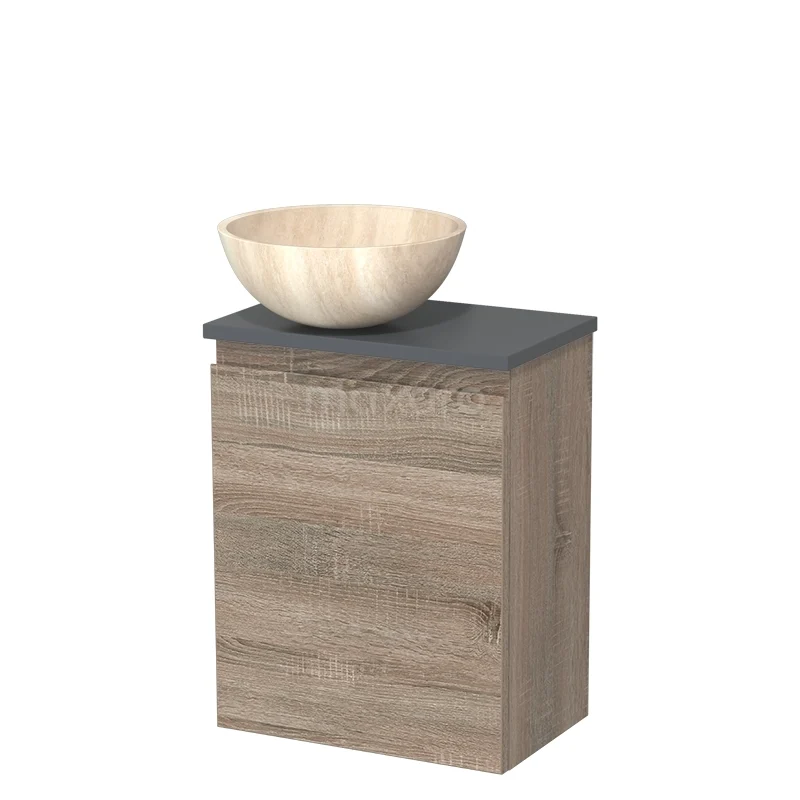 Toiletmeubel met waskom | 41 cm Eiken Greeploos front Travertin Natuursteen waskom Donkergrijs blad TMK10-14242 Toiletmeubel met waskom | 41 cm Eiken Greeploos front Travertin Natuursteen waskom Donkergrijs blad TMK10-14242