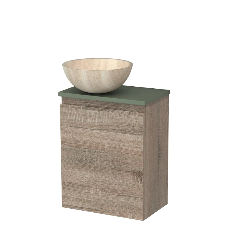 Toiletmeubel met waskom | 41 cm Eiken Greeploos front Travertin Natuursteen waskom Saliegroen blad TMK10-14255 Toiletmeubel met waskom | 41 cm Eiken Greeploos front Travertin Natuursteen waskom Saliegroen blad TMK10-14255