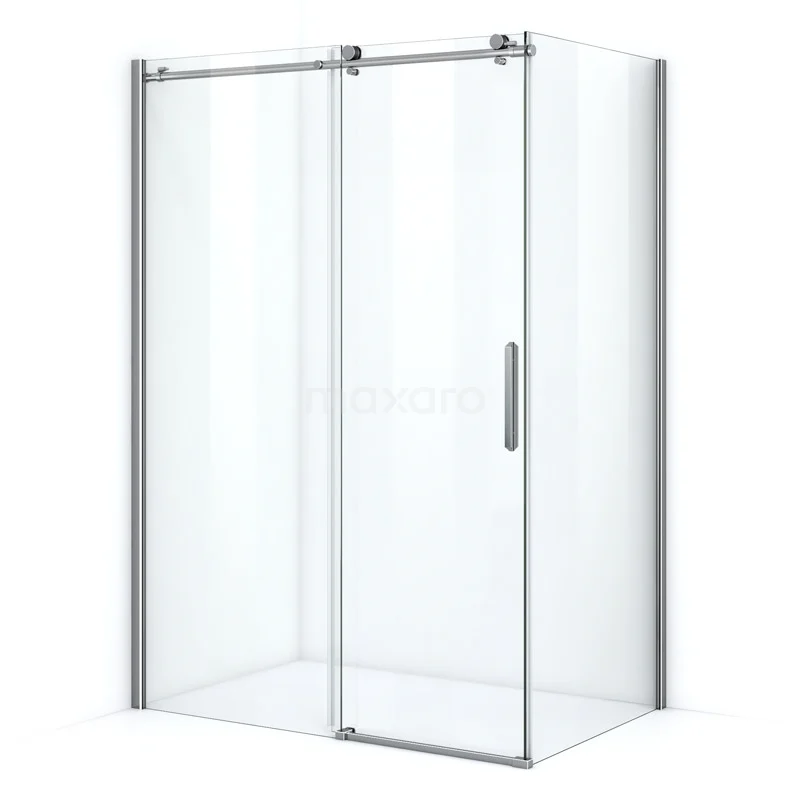 Glazen douchecabine met zilverkleurig frame, schuifdeur, strak modern design, ideaal voor een stijlvolle badkamer inrichting.