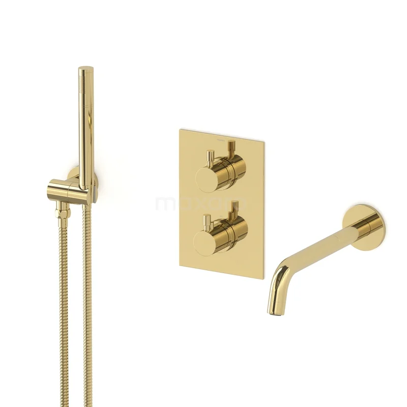Radius Einbau Badewannenarmaturen Set | Glänzendes Lichtgold Thermostatarmatur mit Handbrause 1 Stand CIGLG55-00005 Gold Einbau Regenduschen Set mit schlanken runden Formen und Wandarmatur, ideal für ein modernes Badezimmer.