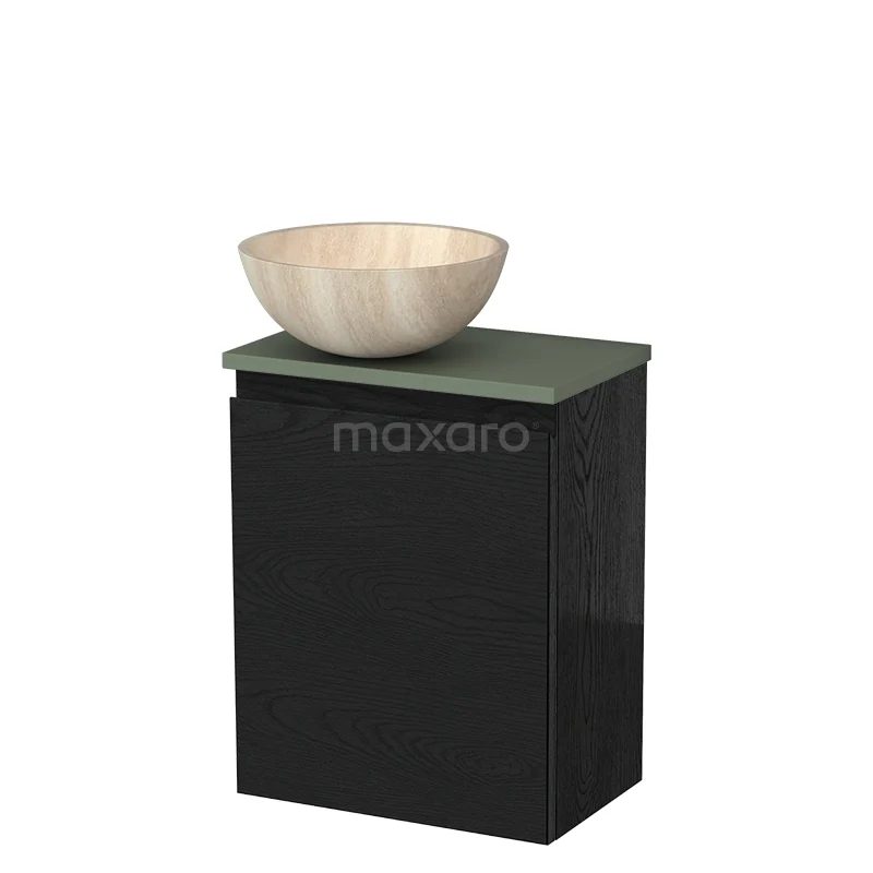 Toiletmeubel met waskom | 41 cm Zwart eiken Greeploos front Travertin Natuursteen waskom Saliegroen blad TMK10-13380 Toiletmeubel met waskom | 41 cm Zwart eiken Greeploos front Travertin Natuursteen waskom Saliegroen blad TMK10-13380