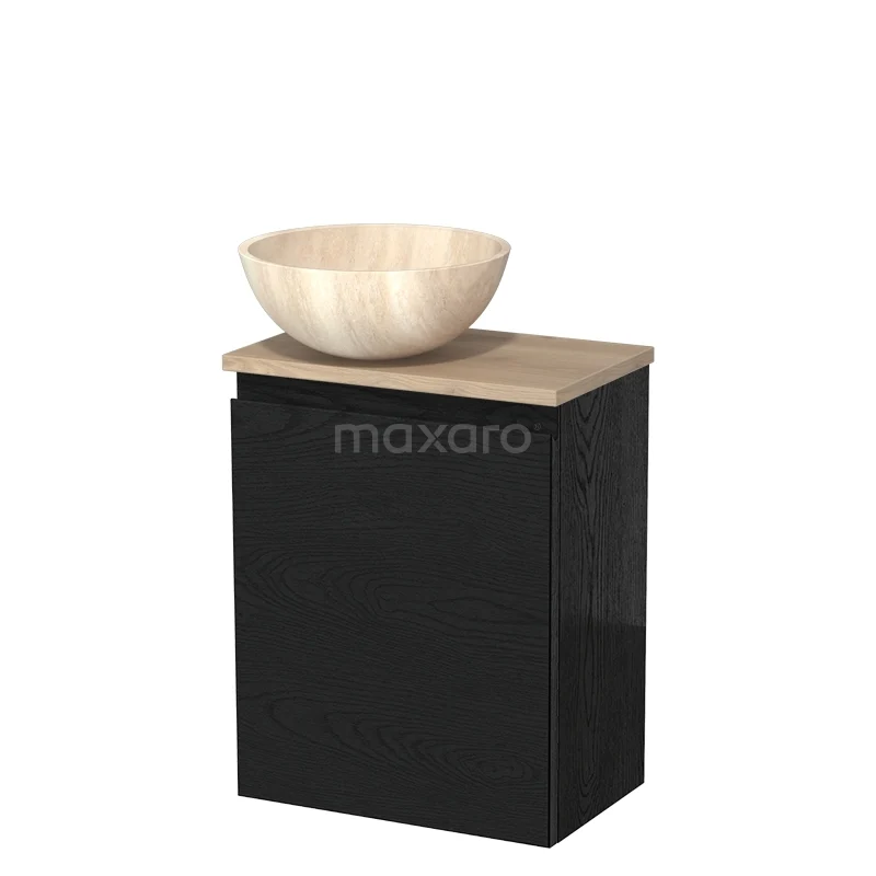 Toiletmeubel met waskom | 41 cm Zwart eiken Greeploos front Travertin Natuursteen waskom Lichtbruin eiken blad TMK10-13653 Toiletmeubel met waskom | 41 cm Zwart eiken Greeploos front Travertin Natuursteen waskom Lichtbruin eiken blad TMK10-13653