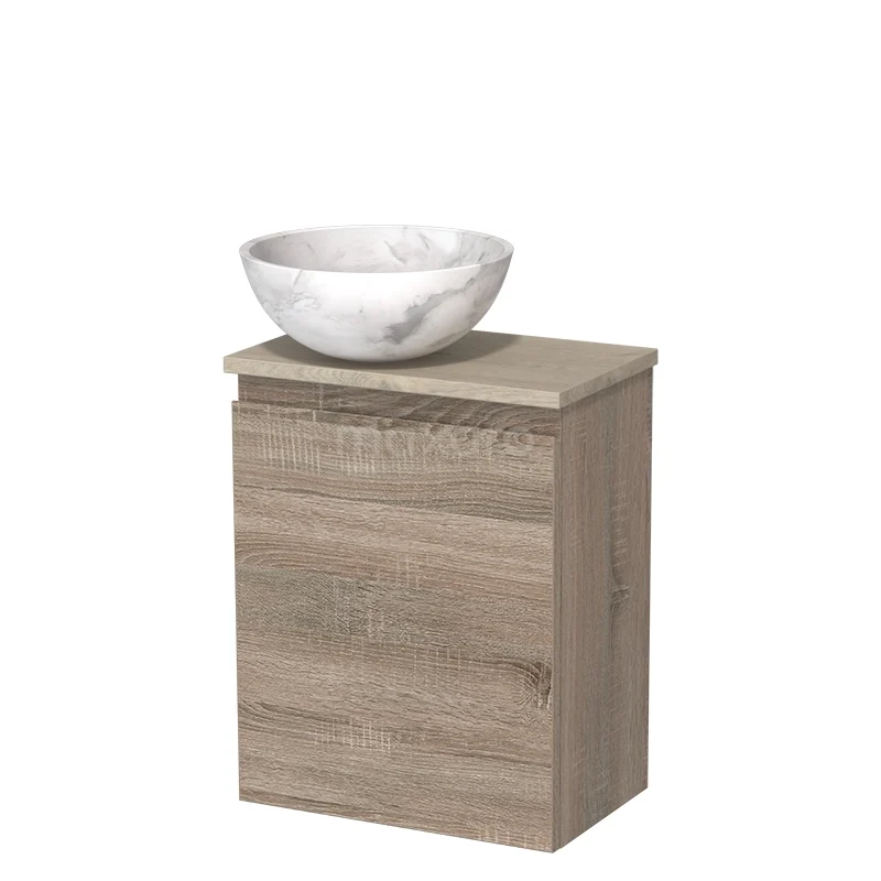 Toiletmeubel met waskom | 41 cm Eiken Greeploos front Wit marmer Natuursteen waskom Lichtgrijs eiken blad TMK10-14974 Toiletmeubel met waskom | 41 cm Eiken Greeploos front Wit marmer Natuursteen waskom Lichtgrijs eiken blad TMK10-14974