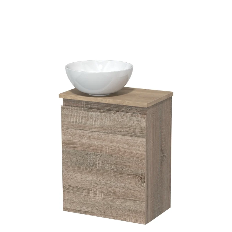 Toiletmeubel met waskom | 41 cm Eiken Greeploos front Hoogglans wit Keramiek waskom Lichtbruin eiken blad TMK10-14976 Toiletmeubel met waskom | 41 cm Eiken Greeploos front Hoogglans wit Keramiek waskom Lichtbruin eiken blad TMK10-14976