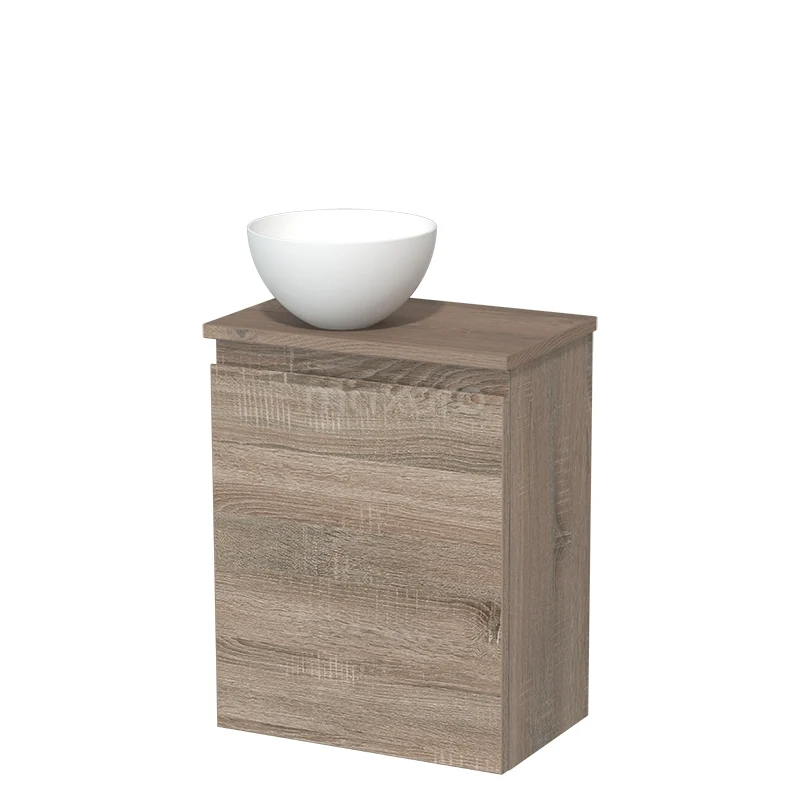 Toiletmeubel met waskom | 41 cm Eiken Greeploos front Mat wit Solid surface waskom Middenbruin eiken blad TMK10-14998 Toiletmeubel met waskom | 41 cm Eiken Greeploos front Mat wit Solid surface waskom Middenbruin eiken blad TMK10-14998