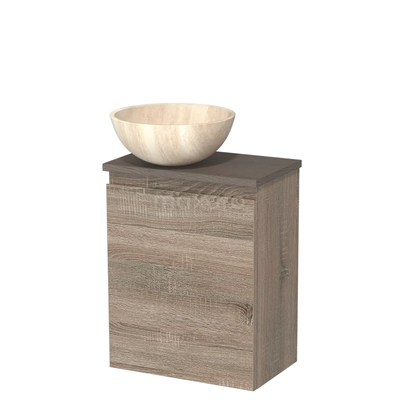 WC-Möbel mit Aufsatzwaschbecken | 41 cm Eiche grifflose Front Travertin Naturstein Aufsatzwaschbecken dunkelbraune Eiche TMK10-15012 WC-Möbel mit Aufsatzwaschbecken | 41 cm Eiche grifflose Front Travertin Naturstein Aufsatzwaschbecken dunkelbraune Eiche TMK10-15012