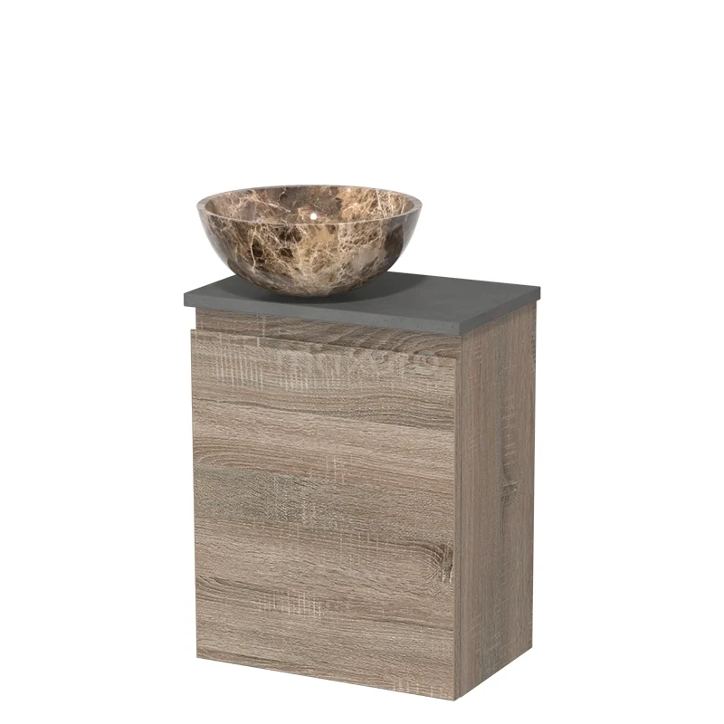 Toiletmeubel met waskom | 41 cm Eiken Greeploos front Dark emperador Natuursteen waskom Donkergrijs beton blad TMK10-15054 Toiletmeubel met waskom | 41 cm Eiken Greeploos front Dark emperador Natuursteen waskom Donkergrijs beton blad TMK10-15054