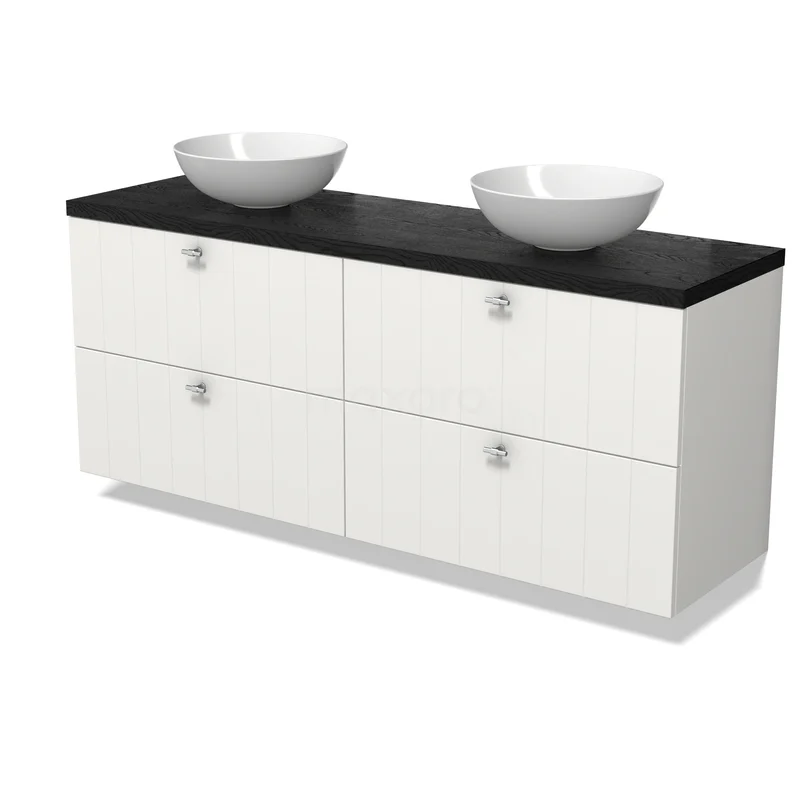 Modulo Plato Badkamermeubel voor waskom | 160 cm Mat wit Lamel front Zwart eiken blad 4 lades BMK18-01777 Modulo Plato Badkamermeubel voor waskom | 160 cm Mat wit Lamel front Zwart eiken blad 4 lades BMK18-01777