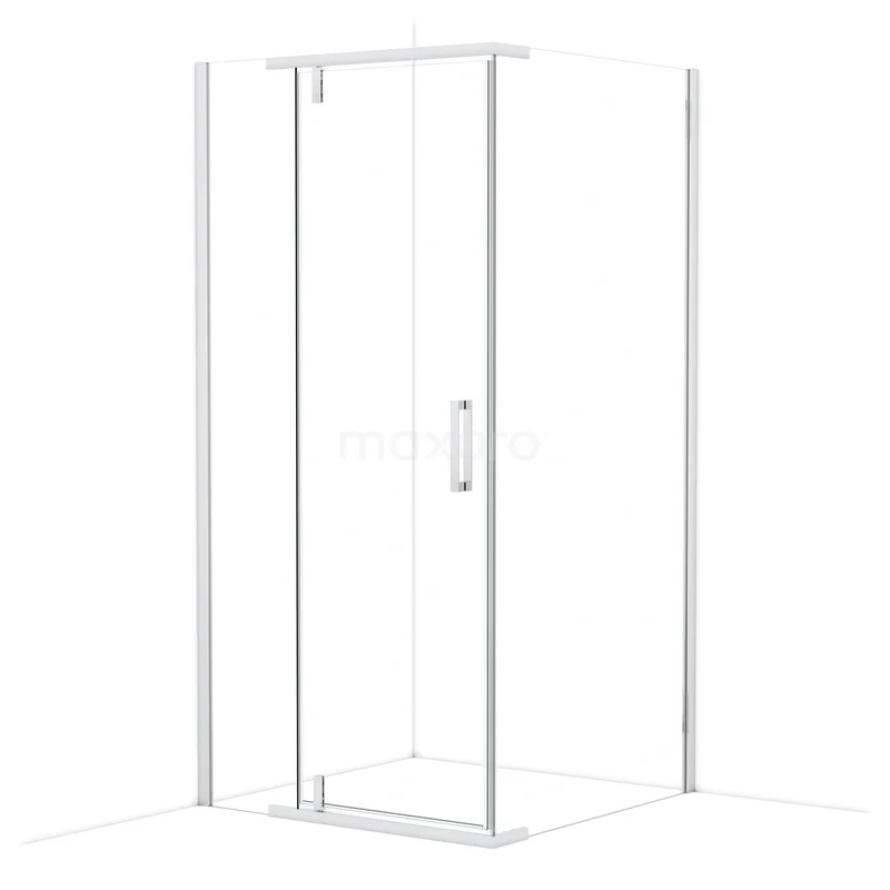 Topaz Shower cabin | 100x100 cm Chrome Clear glass Pivot door Square L6405_1000NC Heldere glazen douchecabine met witte aluminium profielen, ideaal voor een moderne badkamerinrichting.