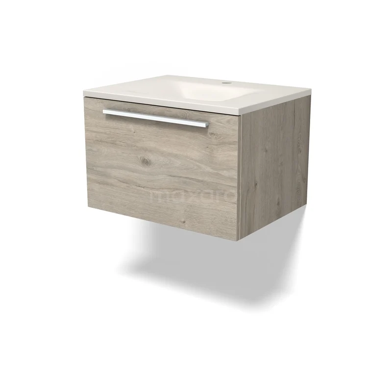 Modulo Waschtische | 60 cm Hellgraue Eiche Flach front Solid Surface 1 Schublade BMW11-05035 Hängender Badschrank aus hellem Holz mit einem modernen, klaren Erscheinungsbild und einer weißen Platte, perfekt für kleinere Räume.