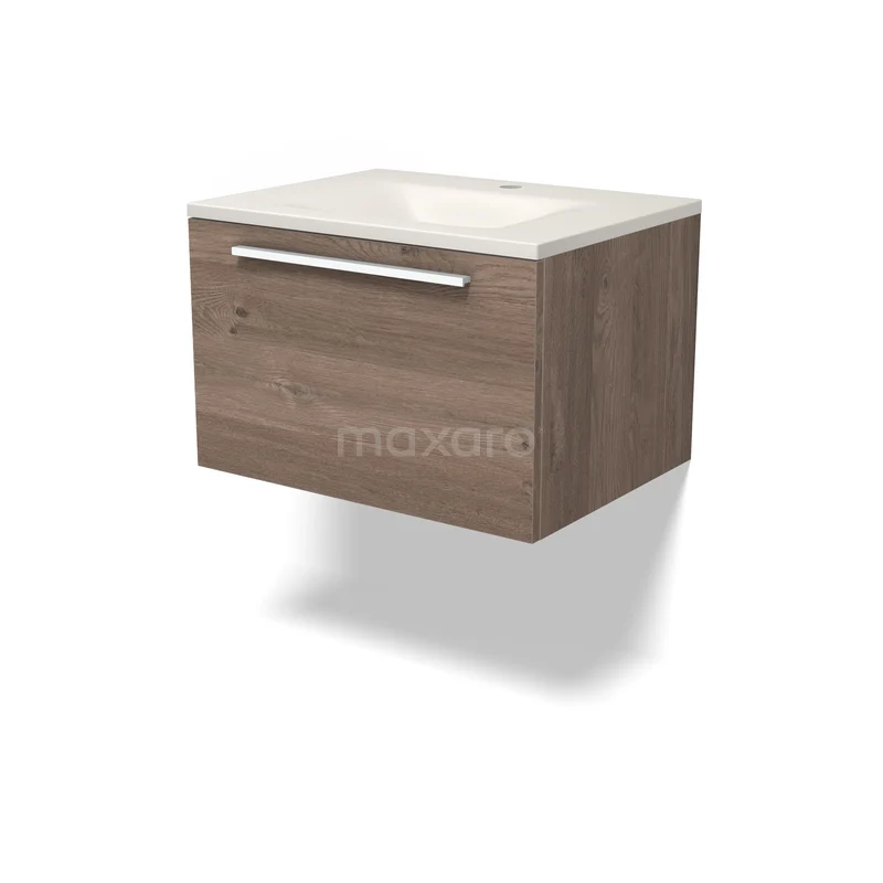 Modulo Bathroom furniture with sink | 60 cm Mid brown oak Flat front Solid surface 1 drawer BMW11-05037 Hangende wastafelonderkast van donker hout met een witte keramische wastafel en moderne metalen greep. Perfect voor een eigentijdse badkamer.