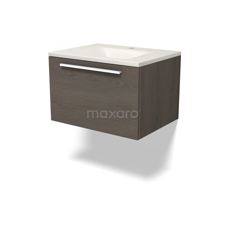 Modulo Waschtische | 60 cm Dunkelbraune Eiche Flach front Solid Surface 1 Schublade BMW11-05038 Moderne Wandregal für das Badezimmer aus dunklem Holz mit einem weißen Waschbecken und einem schlichten metallenen Haltegriff.