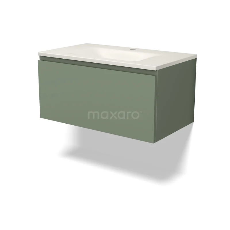 Modulo Bathroom furniture with sink | 80 cm Sage green Handle-less front Solid surface 1 drawer BMW11-05084 Hangend groen badkamermeubel met witte wastafel, modern design en duurzame materialen, perfect voor stijlvolle badkamers.
