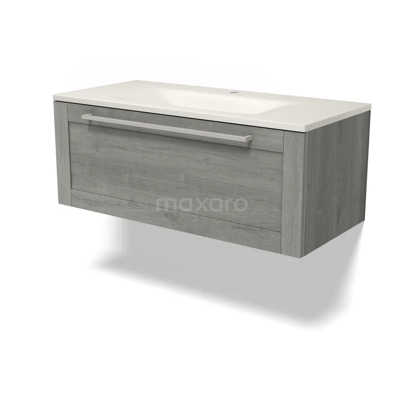Modulo Bathroom furniture with sink | 100 cm Grey oak Bordered front Solid surface 1 drawer BMW11-05110 Hangend badkamermeubel van geborsteld grijs hout met een witte wastafel, modern en strak design.