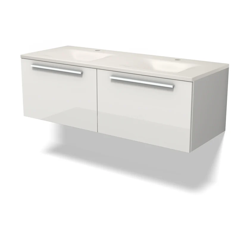 Modulo Bathroom furniture with sink | 120 cm High-gloss white Flat front Solid surface 2 Side-by-side drawers BMW12-01232 Witte wandkasten met dubbele wasbak, modern design en glanzende afwerking, perfect voor een stijlvol badkamerinterieur.