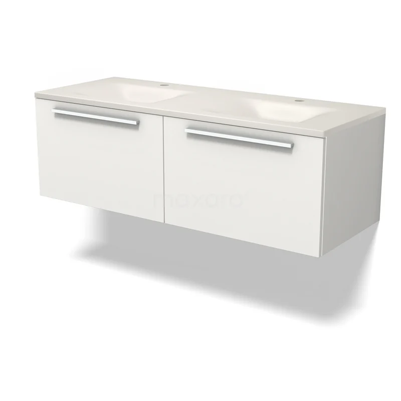 Modulo Waschtische | 120 cm Matt Weiß Flach front Solid Surface 2 nebeneinanderliegende Schubladen BMW12-01234 Moderne weiße hängende Badmöbel mit Doppelwaschbecken und Chromgriffen, perfekt für eine schlichte Badezimmergestaltung.