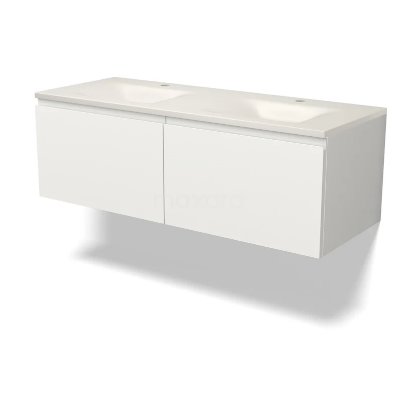 Modulo Waschtische | 120 cm Matt Weiß Grifflos front Solid Surface 2 nebeneinanderliegende Schubladen BMW12-01235 Weiße Wandmöbel mit Doppelwaschbecken, straffes Design und glänzender Verarbeitung, ideal für moderne Bäder.