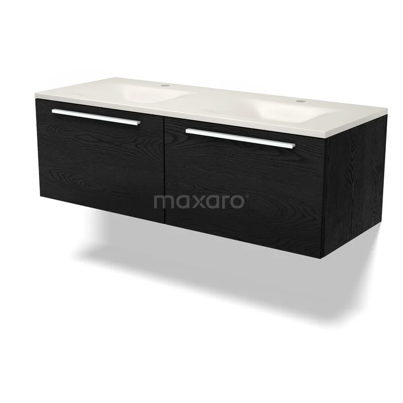 Modulo Waschtische | 120 cm Schwarze Eiche Flach front Solid Surface 2 nebeneinanderliegende Schubladen BMW12-01258 Moderne Wandmöbel Waschbecken in Schwarz Holz mit zwei Schubladen und einer weißen Steinplatte, ideal für einen stilvollen Badezimmer.