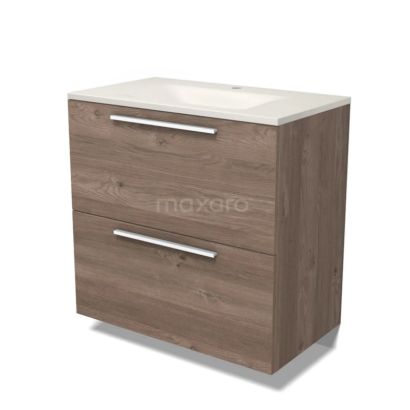 Modulo Waschtische | 80 cm Mittelbraune Eiche Flach front Solid Surface 2 hohe Schubladen übereinanderliegend BMW13-01679 Moderne wastafelonderkast in houtlook met twee lades en chroom handgrepen, perfect voor een eigentijdse badkamer.