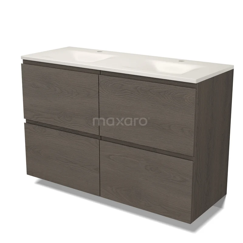 Modulo Waschtische | 120 cm Dunkelbraune Eiche Grifflos front Solid Surface 4 hohe Schubladen BMW14-00836 Bruine badkamermeubel met marmeren wastafel en vier ruime lades, perfect voor moderne badkamers.