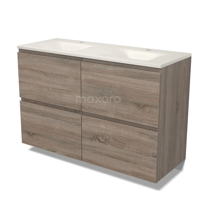 Modulo Waschtische | 120 cm Eiche Grifflos front Solid Surface 4 hohe Schubladen BMW14-00837 Moderne badkamermeubel met houten uitstraling en wit marmeren blad, voorzien van vier ruime lades voor optimale opbergruimte.