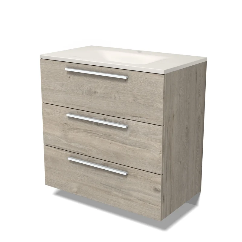 Modulo Bathroom furniture with sink | 80 cm Light grey oak Flat front Solid surface 3 drawers BMW19-03063 Modulo Bathroom furniture with sink | 80 cm Light grey oak Flat front Solid surface 3 drawers BMW19-03063