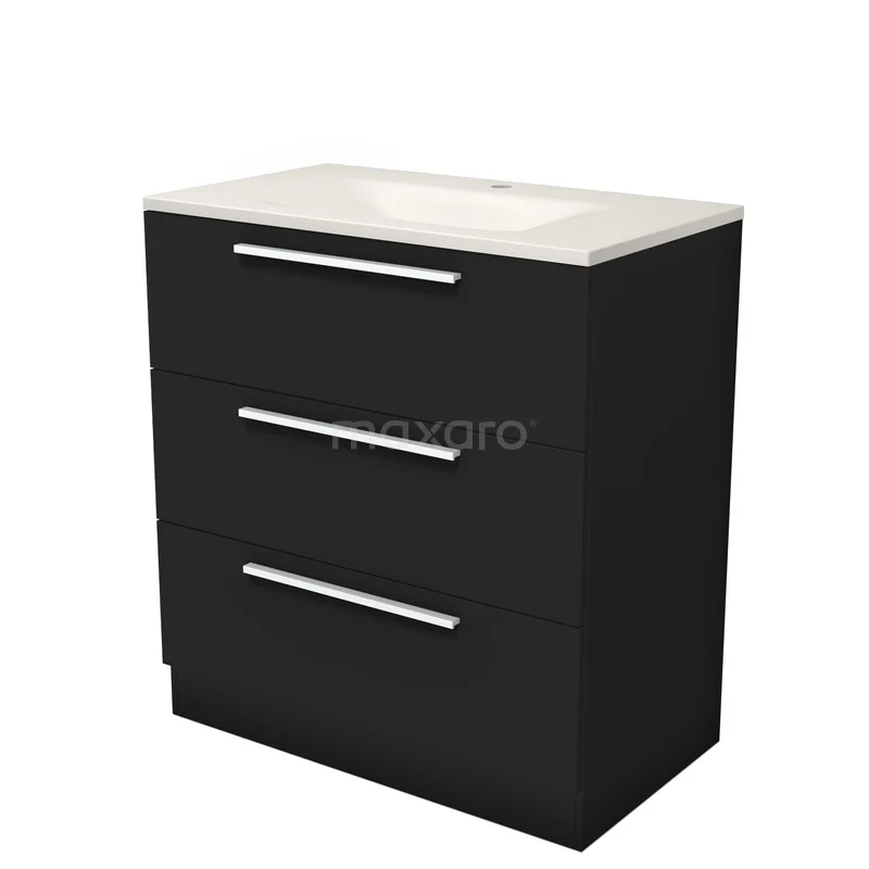 Modulo Bathroom furniture with sink | 80 cm Matte black Flat front Solid surface 3 standing drawers BMW19S-00672 Modulo Bathroom furniture with sink | 80 cm Matte black Flat front Solid surface 3 standing drawers BMW19S-00672
