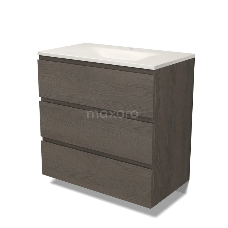 Modulo Badkamermeubel met wastafel | 80 cm Donkerbruin eiken Greeploos front Solid surface 3 lades BMW19-03071 Modulo Badkamermeubel met wastafel | 80 cm Donkerbruin eiken Greeploos front Solid surface 3 lades BMW19-03071
