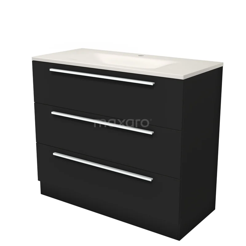 Modulo Bathroom furniture with sink | 100 cm Matte black Flat front Solid surface 3 standing drawers BMW19S-00678 Modulo Bathroom furniture with sink | 100 cm Matte black Flat front Solid surface 3 standing drawers BMW19S-00678