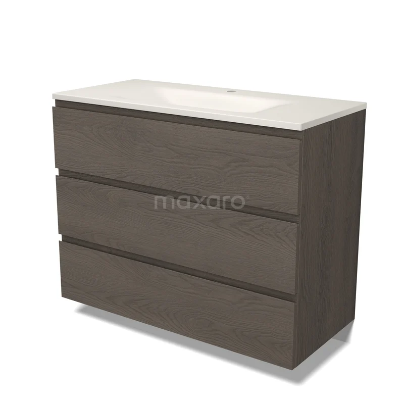 Modulo Badkamermeubel met wastafel | 100 cm Donkerbruin eiken Greeploos front Solid surface 3 lades BMW19-03098 Modulo Badkamermeubel met wastafel | 100 cm Donkerbruin eiken Greeploos front Solid surface 3 lades BMW19-03098