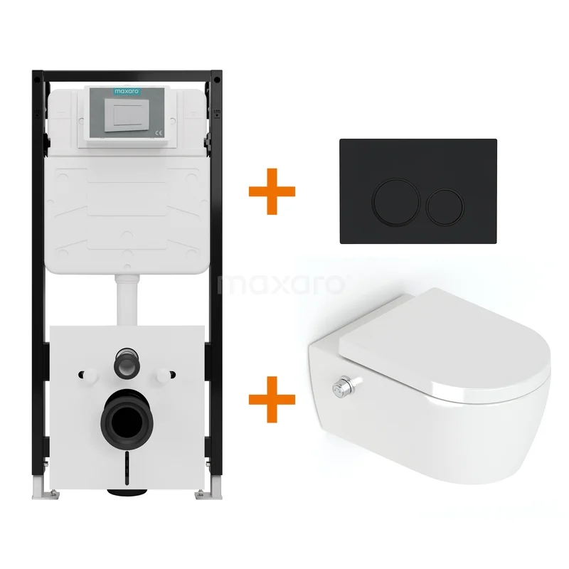 Glossy white toilet sets bidet without rim + Maxaro Flush Slim Pro built-in cistern with sound insulation TOI4662 Ingebouwd toiletsysteem met zwart bedieningspaneel, witte keramische toiletpot en slimme technologie voor moderne badkamers.