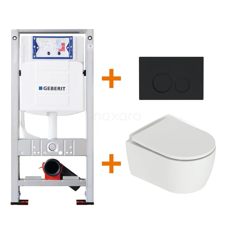 WC-Sets Matt Weiß mit Spülrand + Geberit UP320 Unterputzspülkasten mit Schallschutz TOI4683 Wandcloset-Set mit Unterputzspülkasten, weißem Keramik-WC und schwarzer Betätigungsplatte, perfekt für moderne Bäder.
